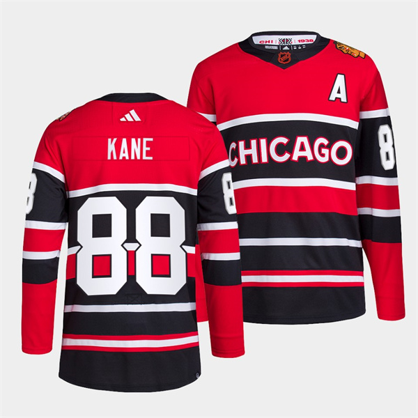 Men's Chicago Blackhawks #88 Patrick Kane Red Black 2022-23 Reverse Retro Stitched Jersey